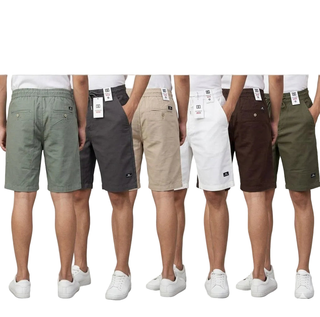 Five pairs of shorts in different colors worn by models on a gray background with 'Distance Denim' branding.